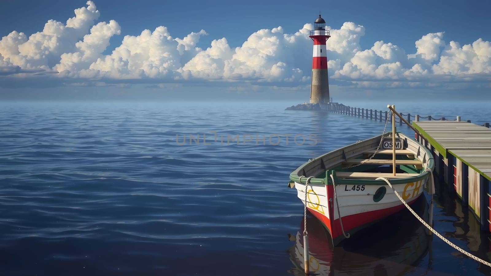 The light house and a boat with nice blue sky and cloud