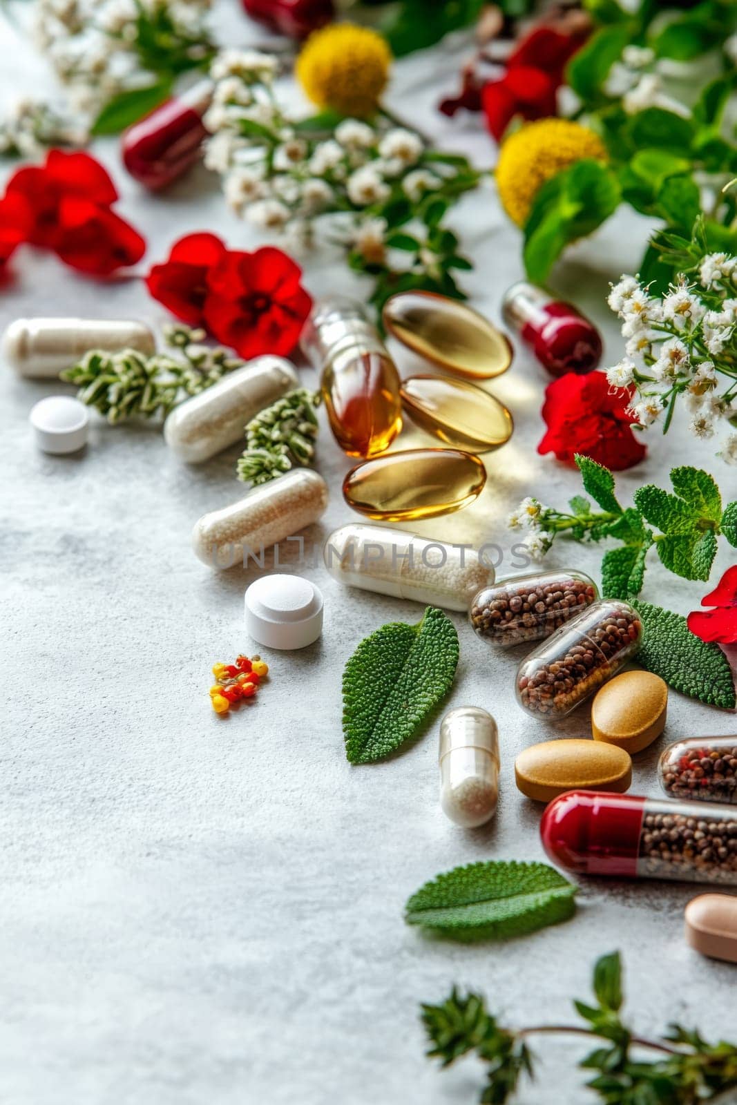 Supplements and vitamins with medicinal herbs. Selective focus. Generative AI, medical
