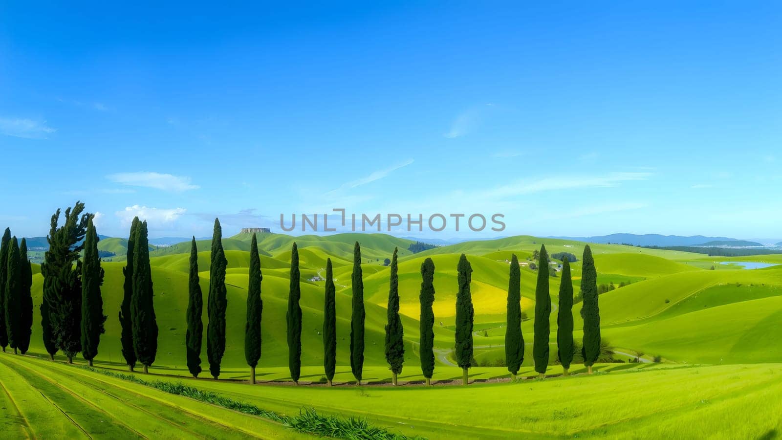 The nice green grass field with beautiful blue sky and cloud with trees