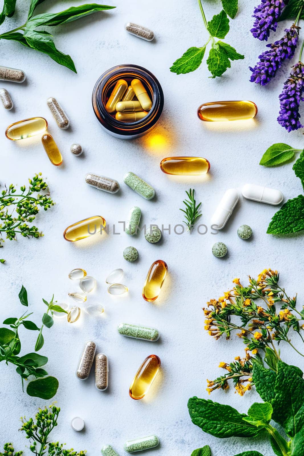 Supplements and vitamins with medicinal herbs. Selective focus. Generative AI, medical