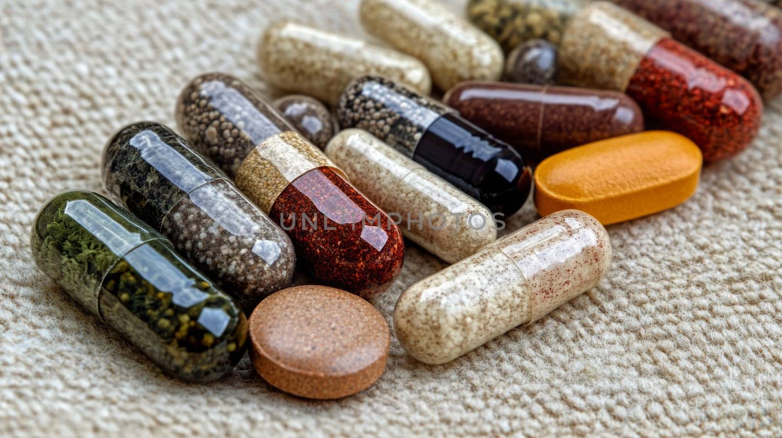 Supplements and vitamins with medicinal herbs. Selective focus. Generative AI, medical