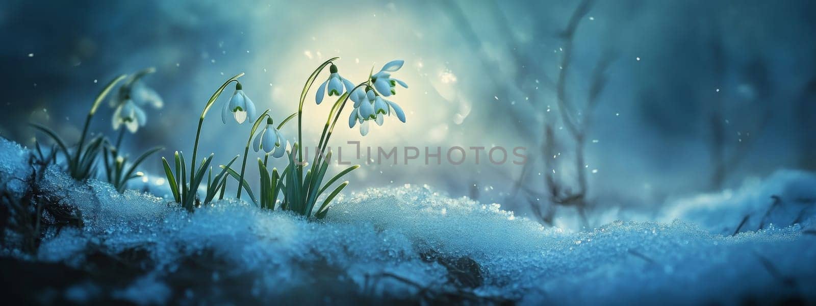 Beautiful snowdrops. selective focus. Generative AI
