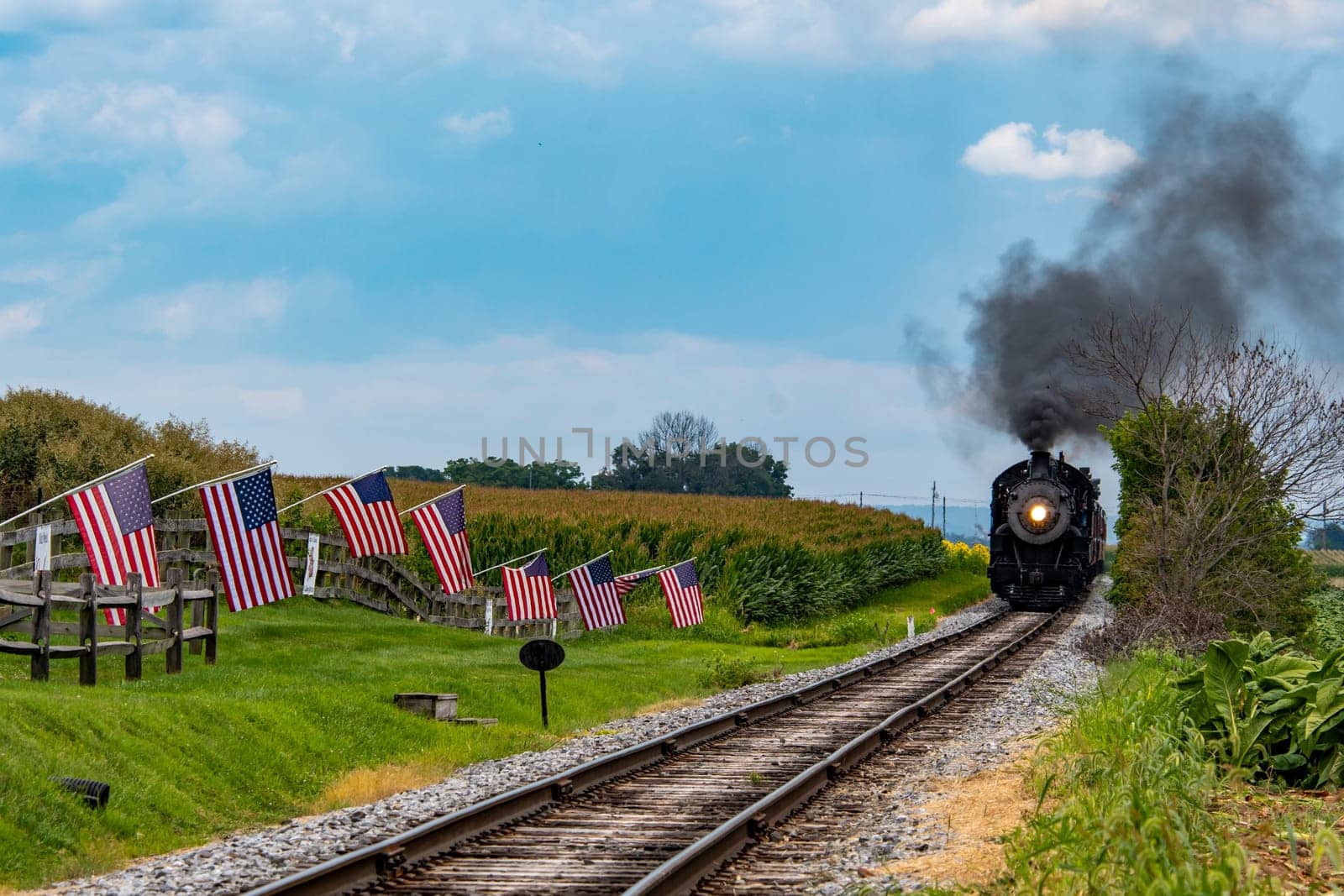A steam locomotive puffs black smoke as it approaches a rural area. American flags decorate the landscape, adding a patriotic touch to the serene environment.