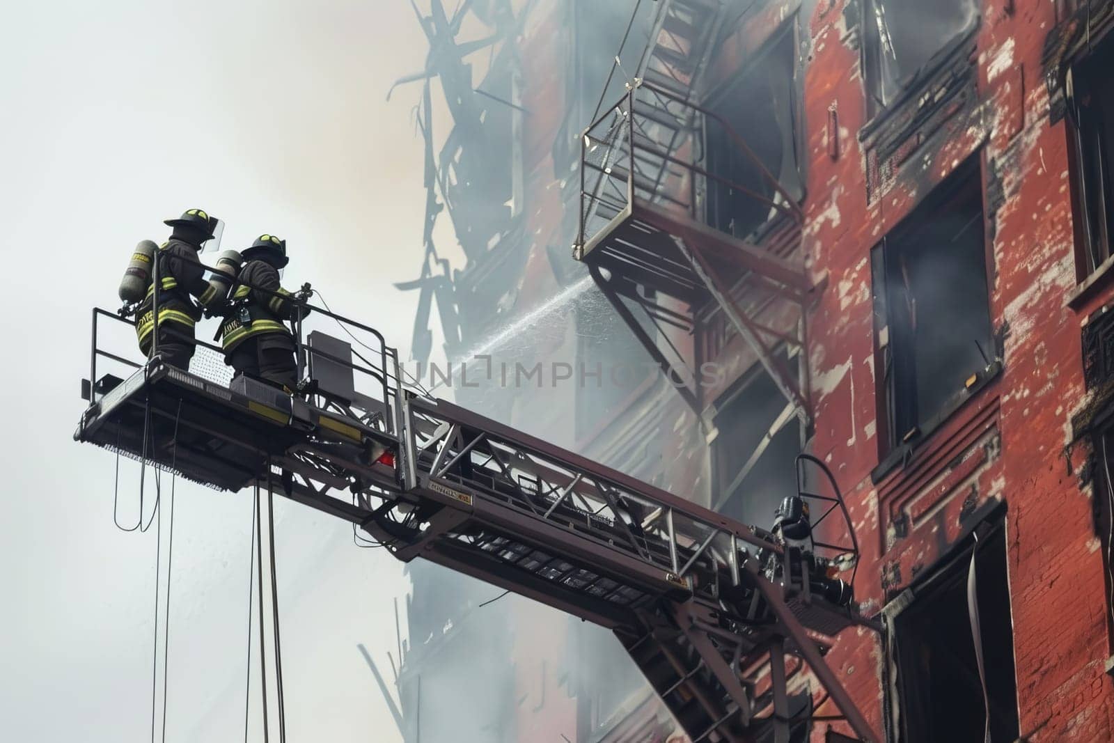 Brave firefighters battling urban building blaze with ladder and hose.