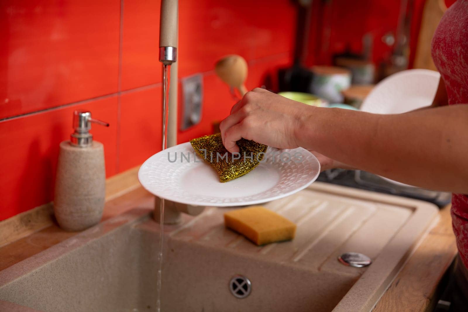 A person is cleaning a plate at a sink in a contemporary kitchen, showcasing various dishwashing essentials effectively