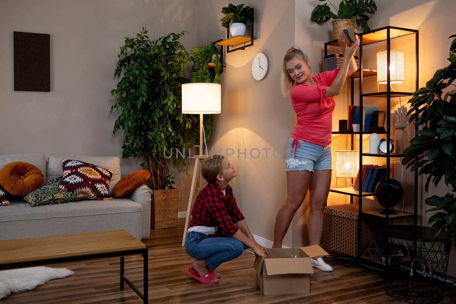 Two friends work together to beautifully decorate their modern living room by strategically placing indoor plants