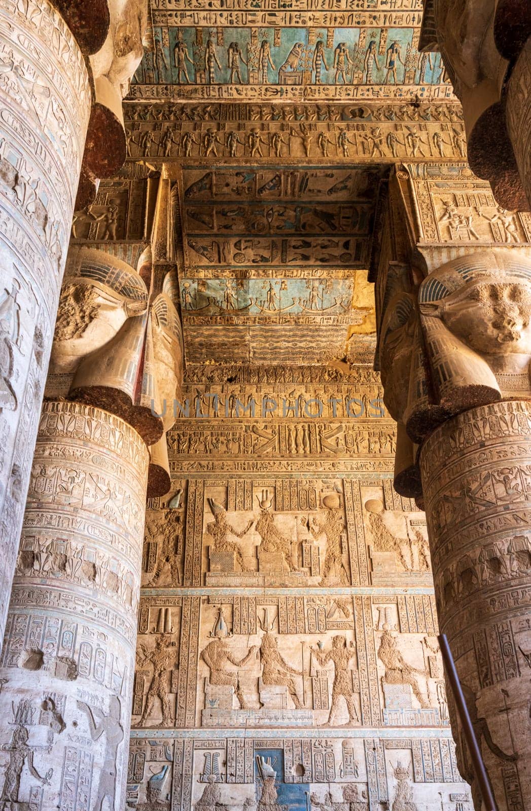 Carvings on the interior columns and roof of the temple of Hathor at Dendera which best preserved Temple Complexes in Egypt