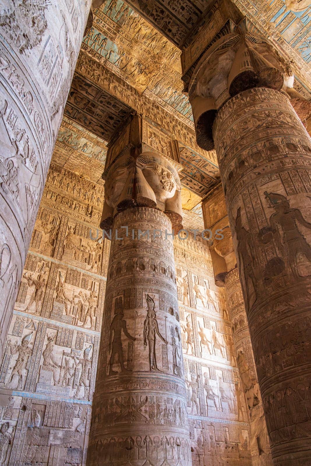 Carvings on the interior columns and roof of the temple of Hathor at Dendera which best preserved Temple Complexes in Egypt