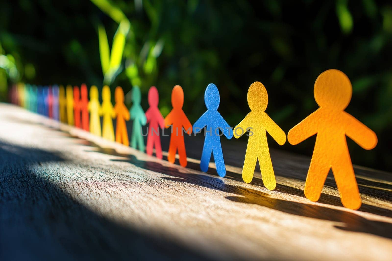 A vibrant display of brightly colored paper cutout people standing side by side on a wooden surface, illuminated by natural light, creating a playful and cheerful atmosphere.