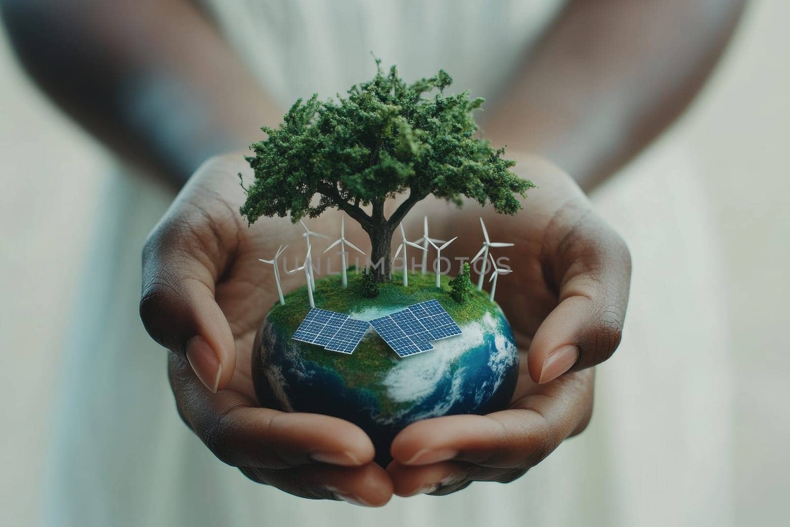 A pair of hands gently holds a miniature Earth, showcasing symbols of sustainability like trees and wind turbines, emphasizing the connection to nature and environmental care.