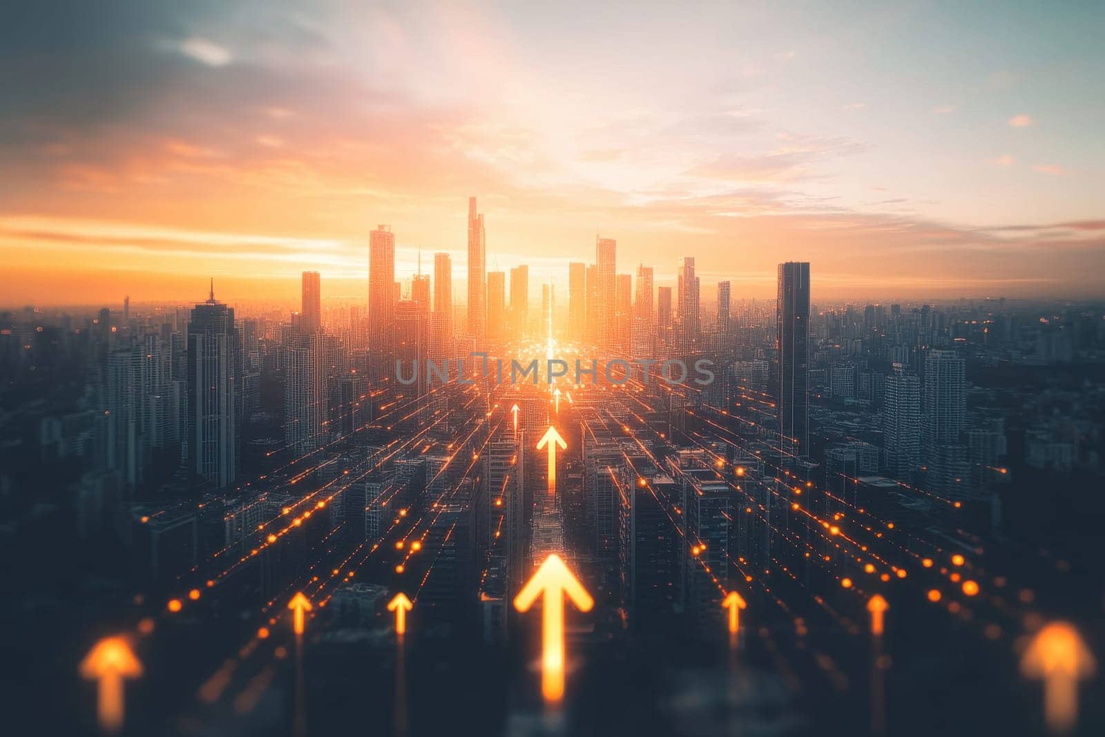 A stunning digital cityscape features a vibrant sunset, with rising arrows symbolizing growth and technology. The modern skyline represents innovation and future possibilities.