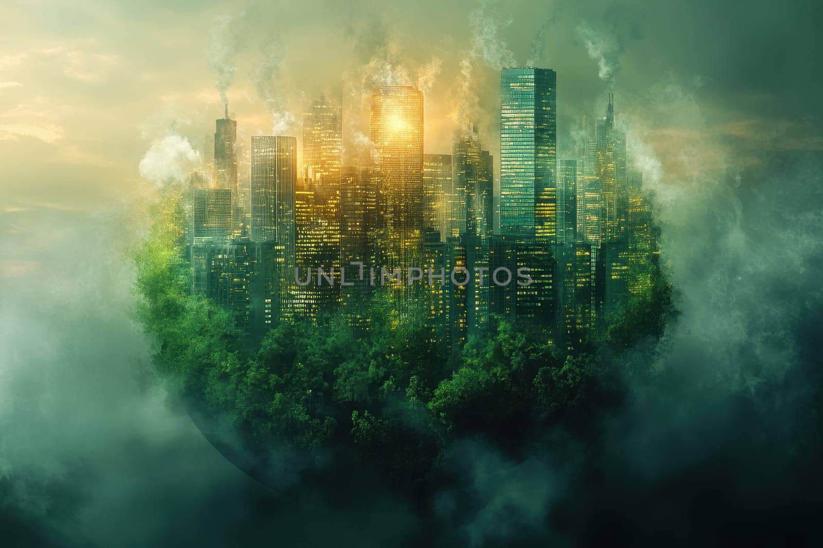 A city is shown in a round shape with a green forest surrounding it. The city is covered in smoke and the sky is cloudy. Scene is dark and ominous