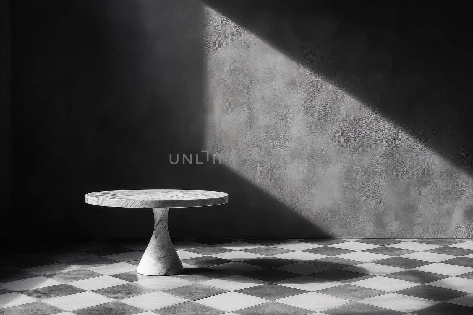 A table is sitting in a room with a wall that has a shadow on it. The table is white and has a round shape. The room is dark and the table is the only object in the room