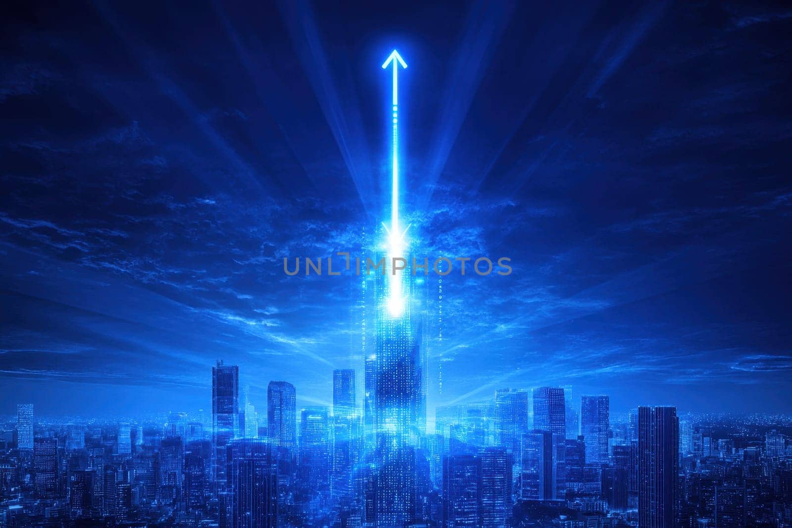 A city skyline with a bright blue sky and a large arrow pointing upwards. Concept of progress and growth, as if the city is reaching for the sky
