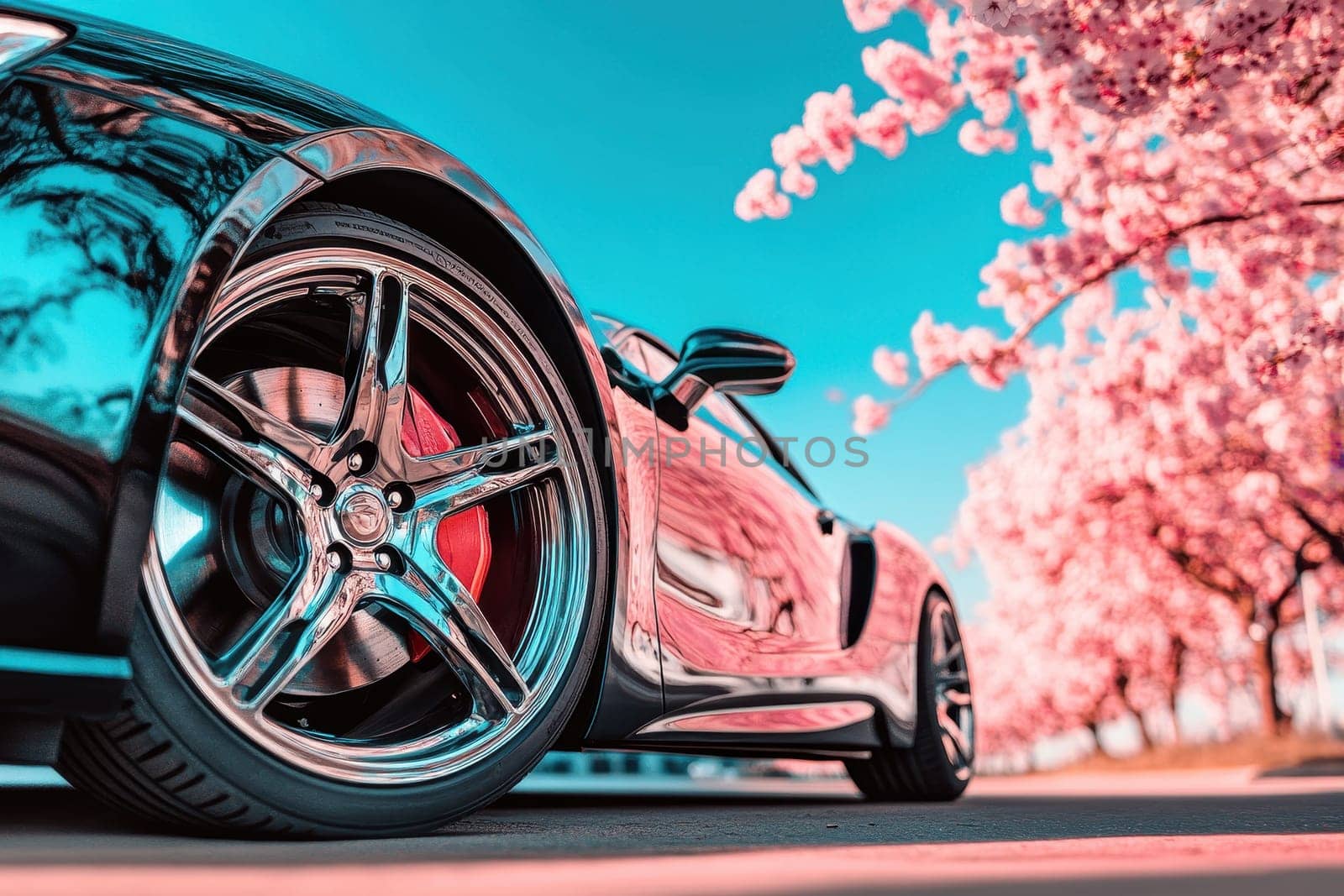 A striking luxury sedan with glossy rims parked diagonally amidst a stunning vibrant scene of cherry blossoms, showcasing elegance and beauty in automotive design.