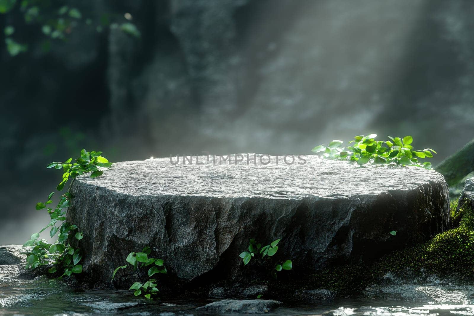 A tranquil display space featuring a rock surrounded by greenery and soft light, creating a dreamy atmosphere perfect for nature-inspired themes.