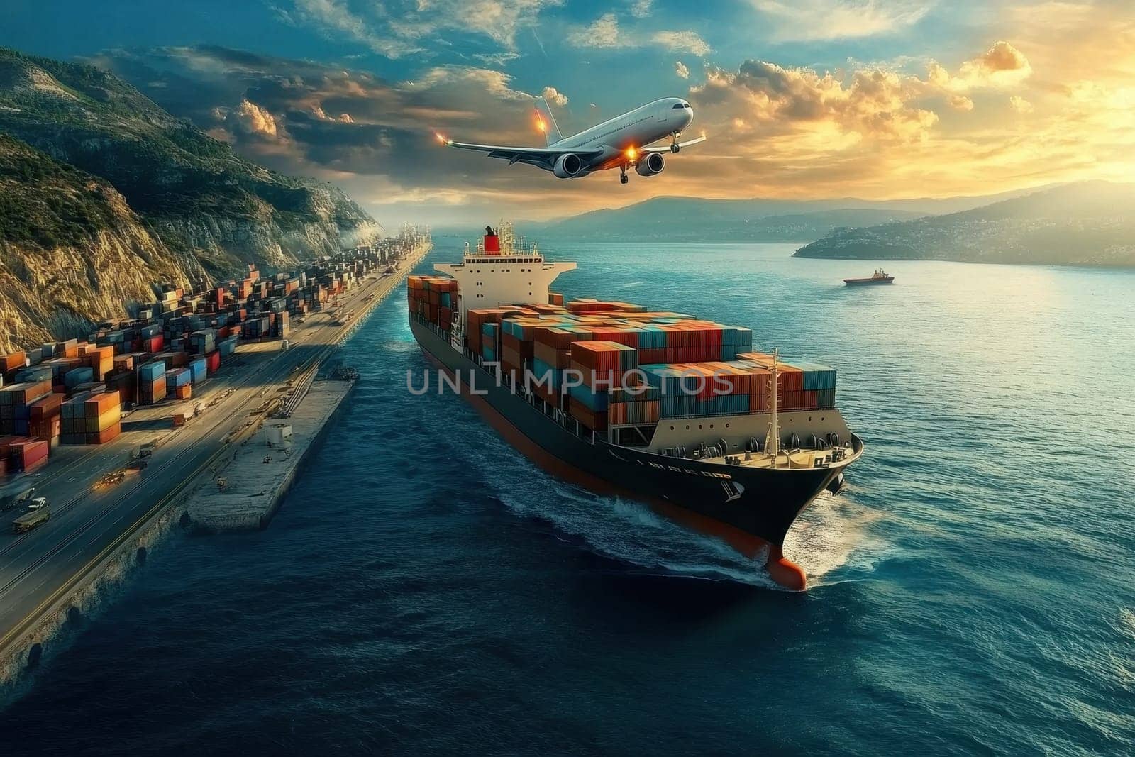 A cargo ship moves through the ocean while trucks drive along the shoreline, showcasing a vibrant scene of transportation and logistics at sea and land.