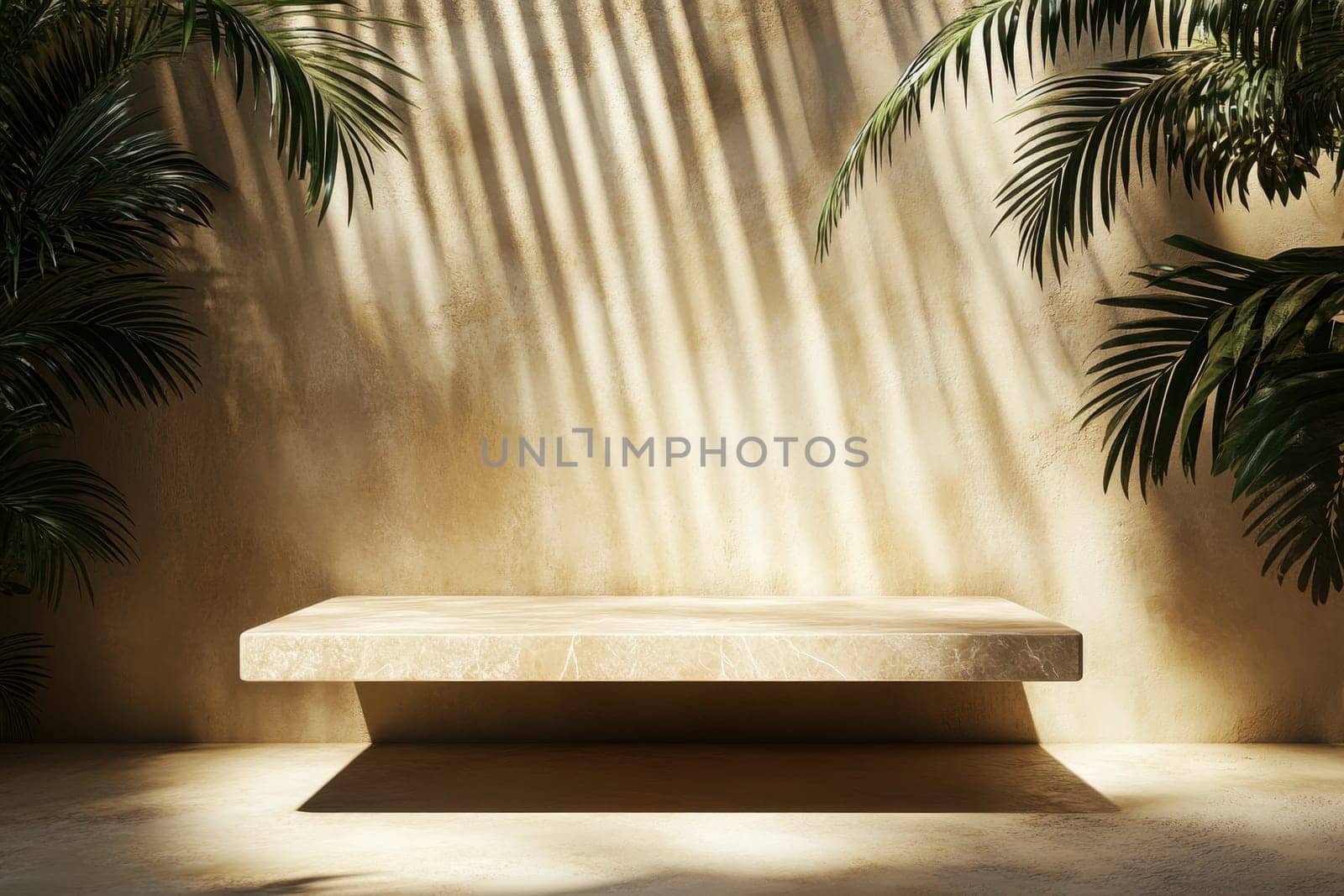 Explore an abstract marble studio backdrop featuring floating elements. This serene scene incorporates natural light and lush greenery to create a peaceful atmosphere.
