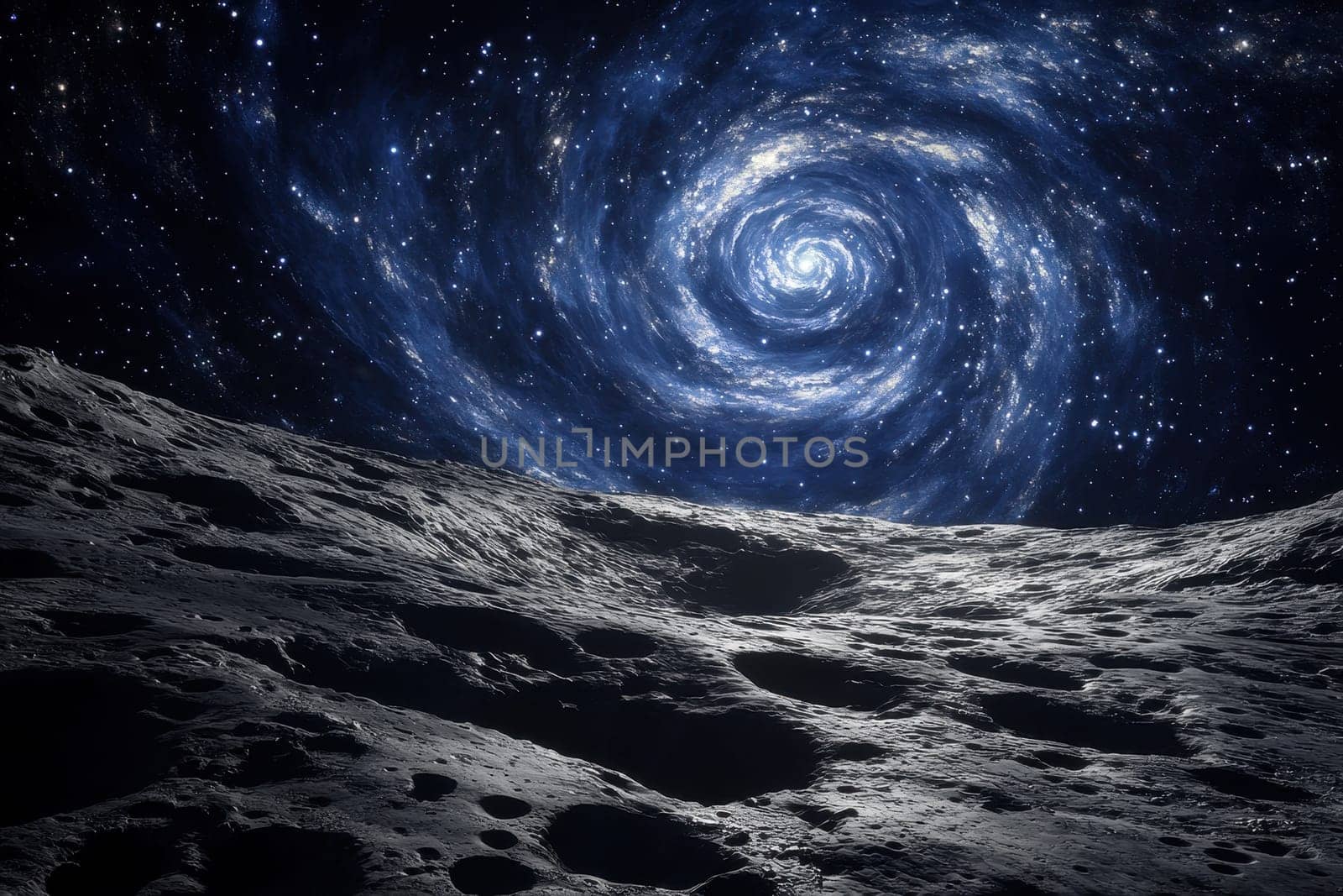 A spiral galaxy with a blue center and a white rim. The galaxy is surrounded by stars and he is in the middle of a void