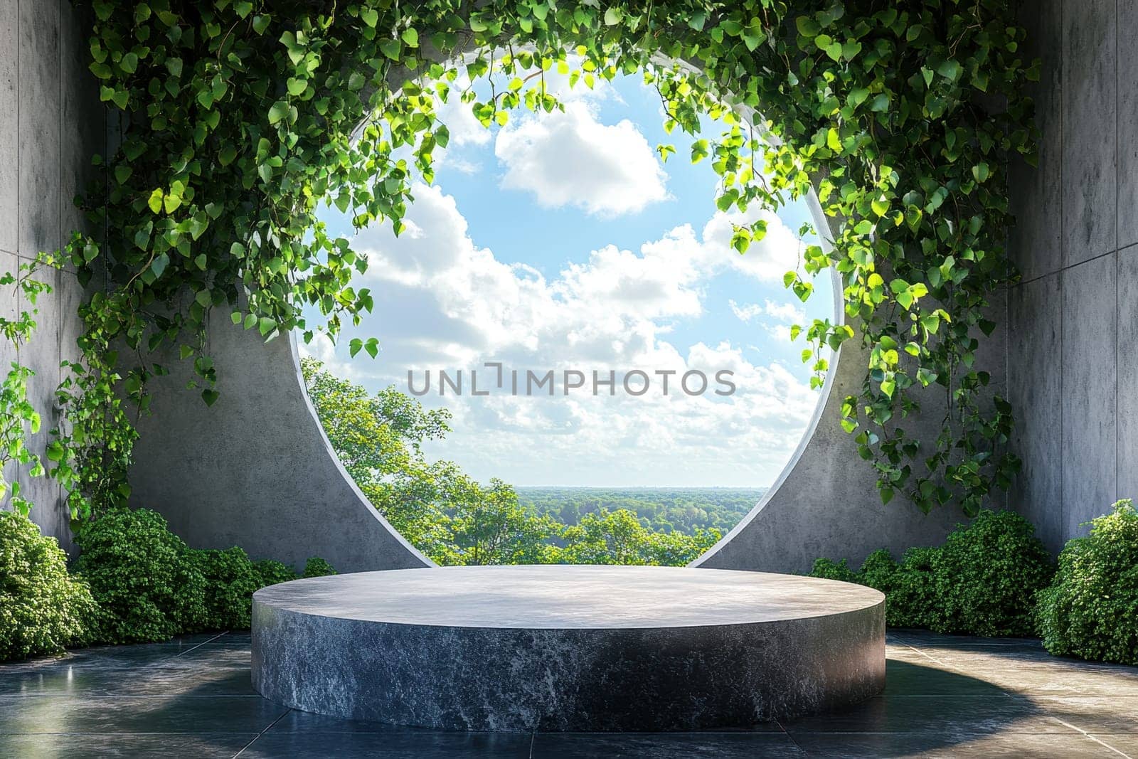 A large round stone platform with a view of trees and a cloudy sky. The platform is surrounded by greenery and has a circular opening in the middle