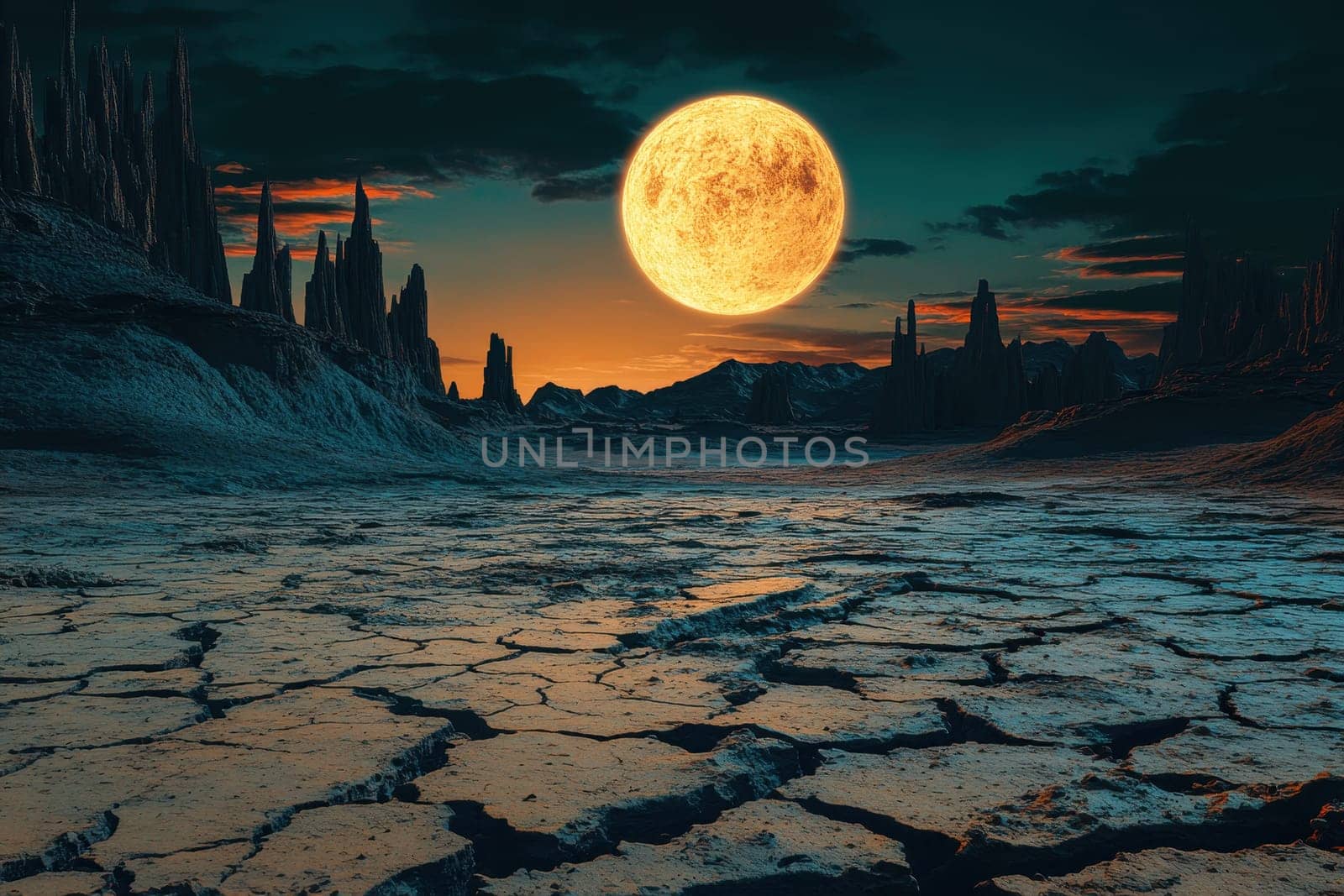 A desolate landscape with a large yellow moon in the sky. The moon is surrounded by a dark sky and the landscape is barren and dry