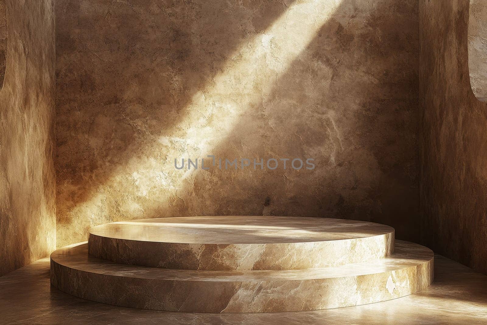 This minimalistic scene features a circular podium designed for product displays. Soft lighting enhances the elegant textures of the neutral background, creating a serene and sophisticated atmosphere perfect for visual presentations.