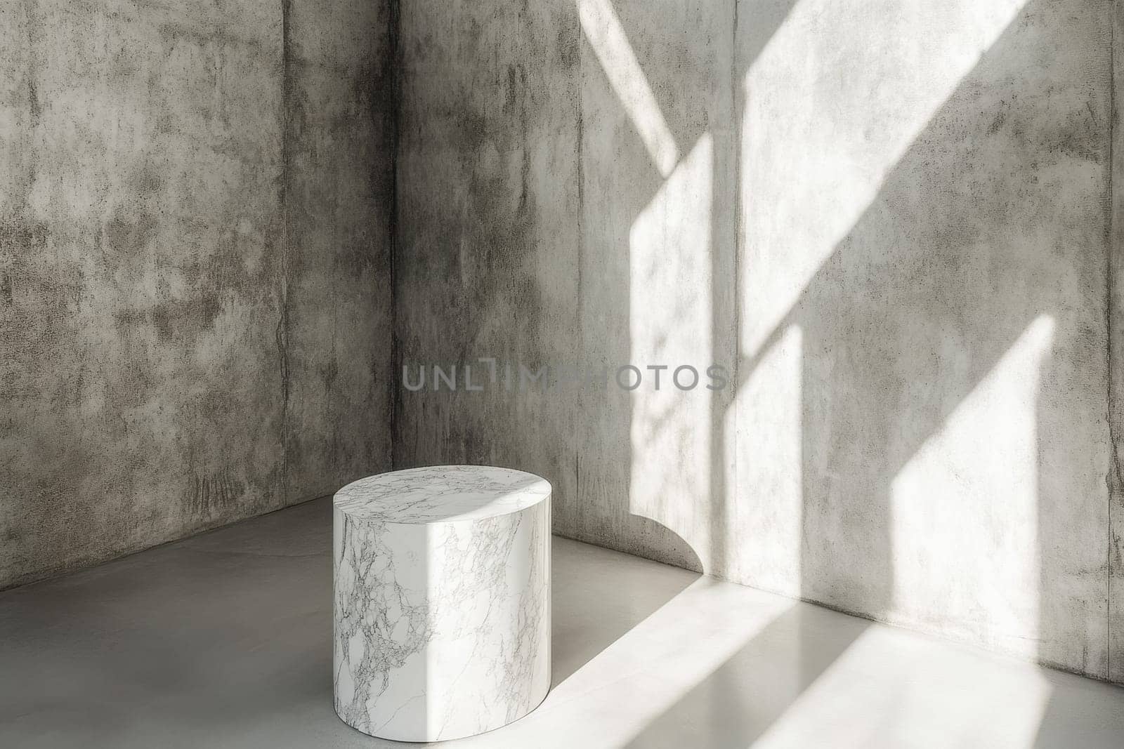 This image features an abstract marble pedestal illuminated by soft light, set in a textured room that emphasizes modern elegance and minimalism.