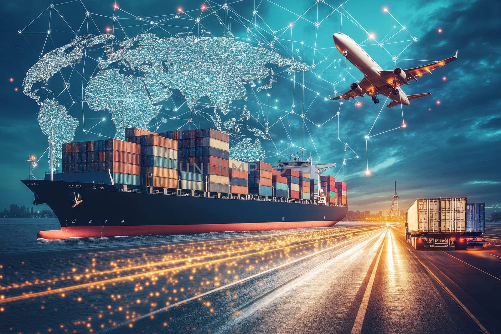 This image showcases a futuristic cargo ship loaded with containers, connected to trucks on a bustling road, symbolizing advanced logistics and global trade.