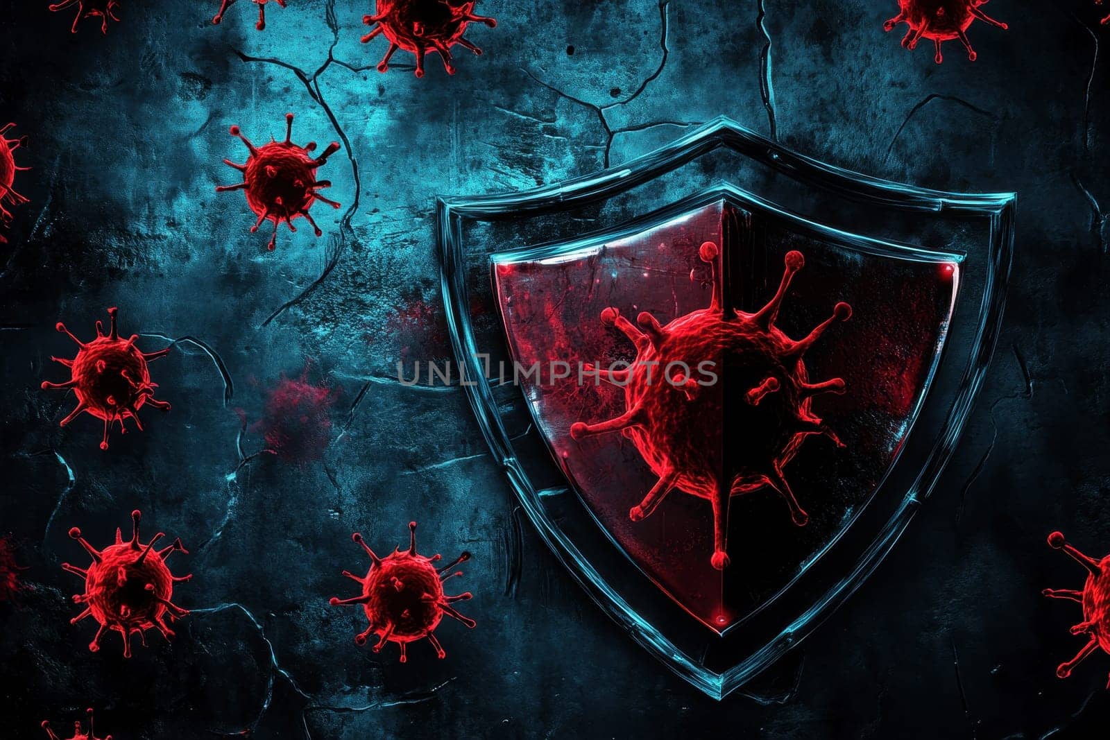 This digital artwork features a dark cyber background with a shield symbolizing protection against viruses. The design incorporates red virus elements, showcasing a modern and futuristic theme.