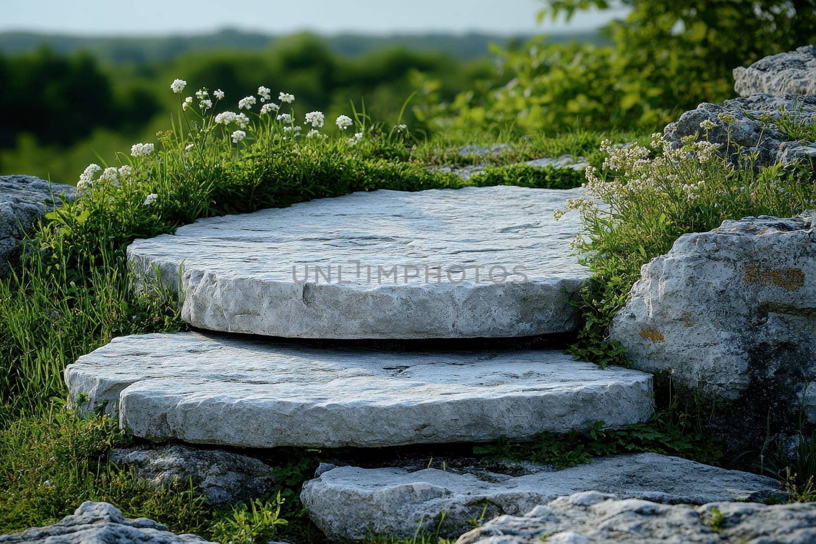 This serene outdoor setup showcases flat stones surrounded by vibrant greenery and delicate flowers, creating a harmonious and tranquil atmosphere for relaxation and inspiration.