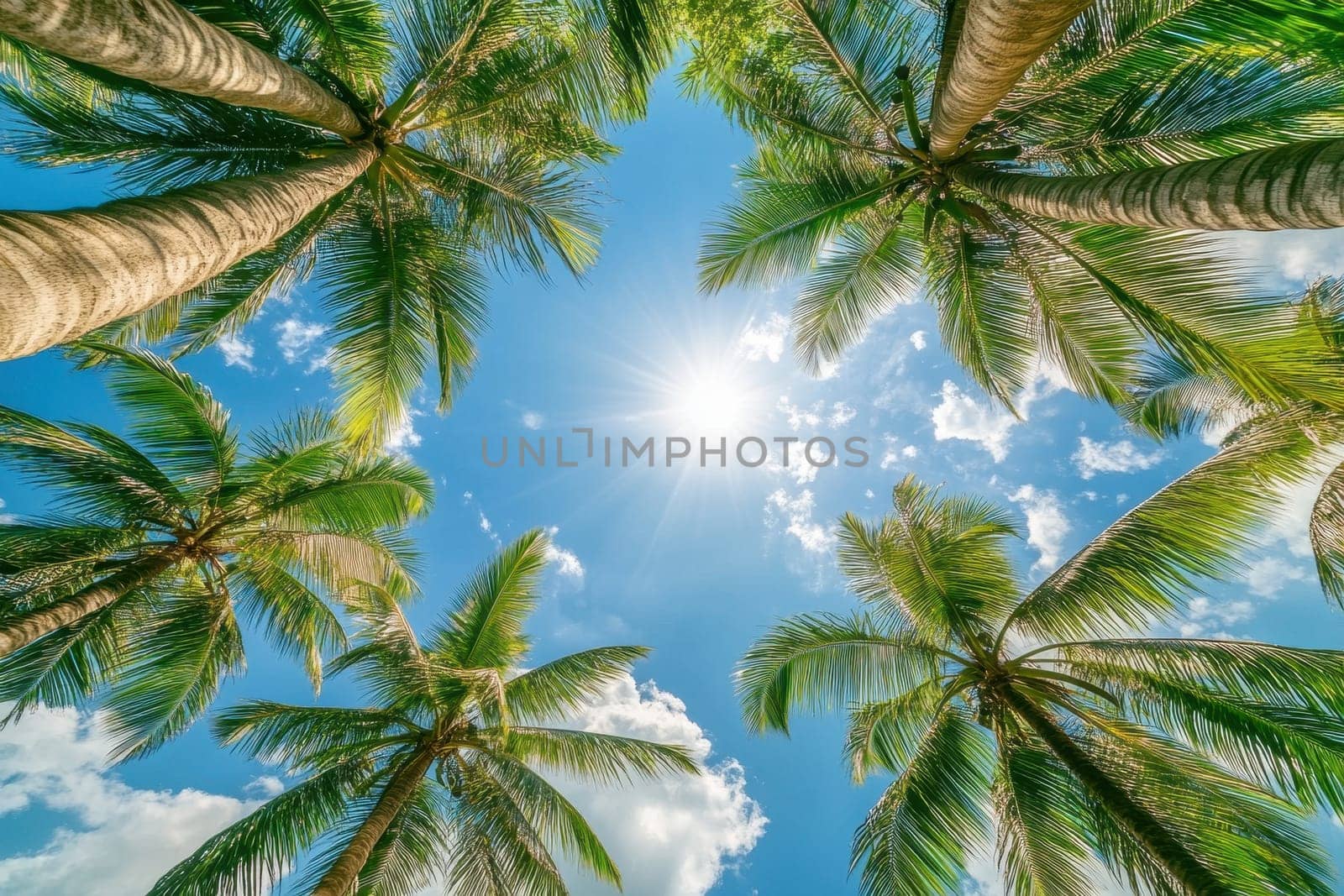 A beautiful tropical scene with palm trees and a bright blue sky. The sun is shining through the leaves, creating a warm and inviting atmosphere