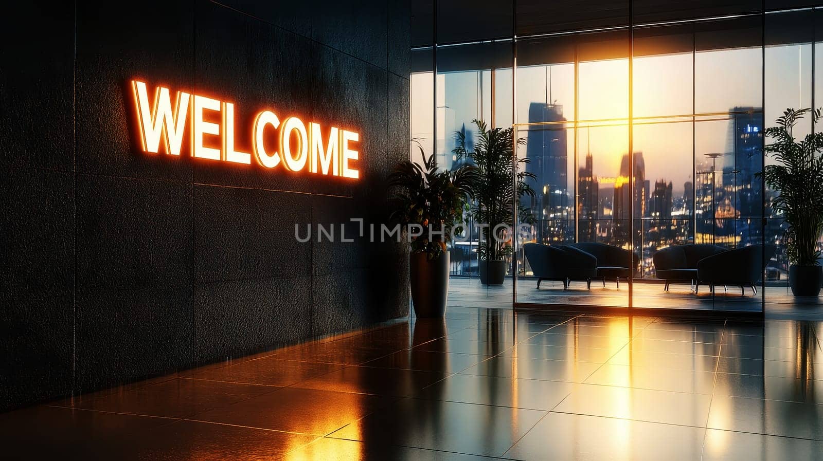 Modern Welcome text sign in an office lobby with sleek design elements..
