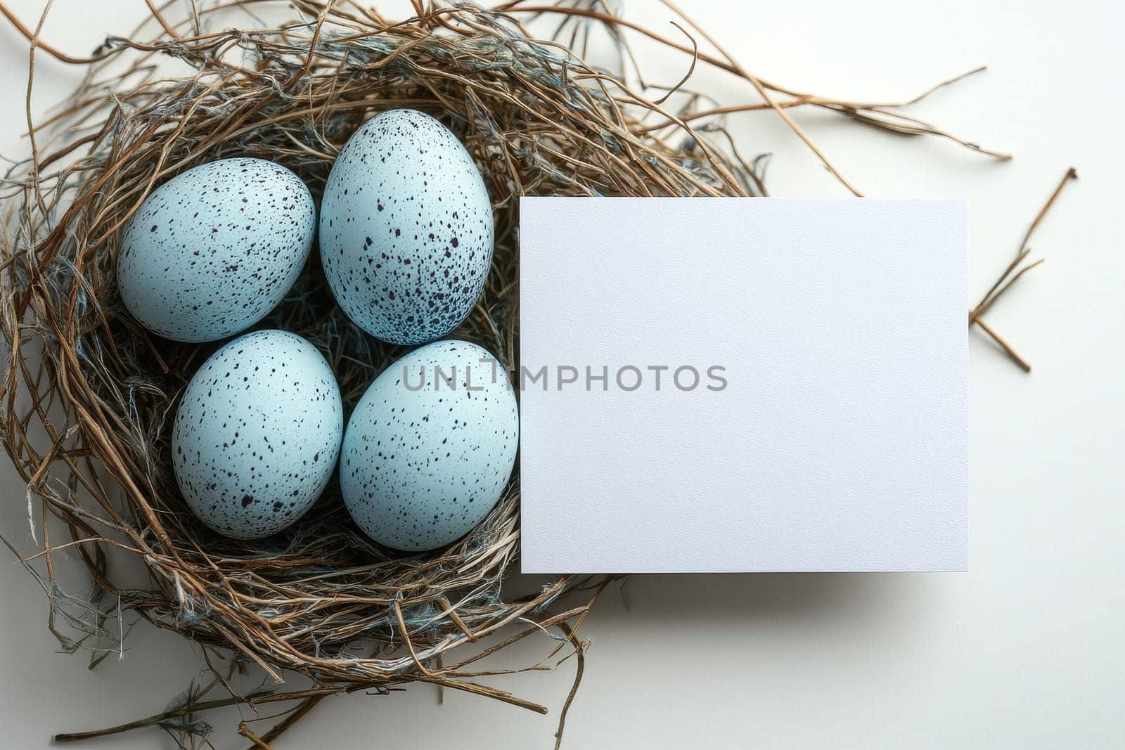 colorful eggs and quail eggs on a minimalist background with blank greeting card mockup and delicate flowers in stylish arrangement..