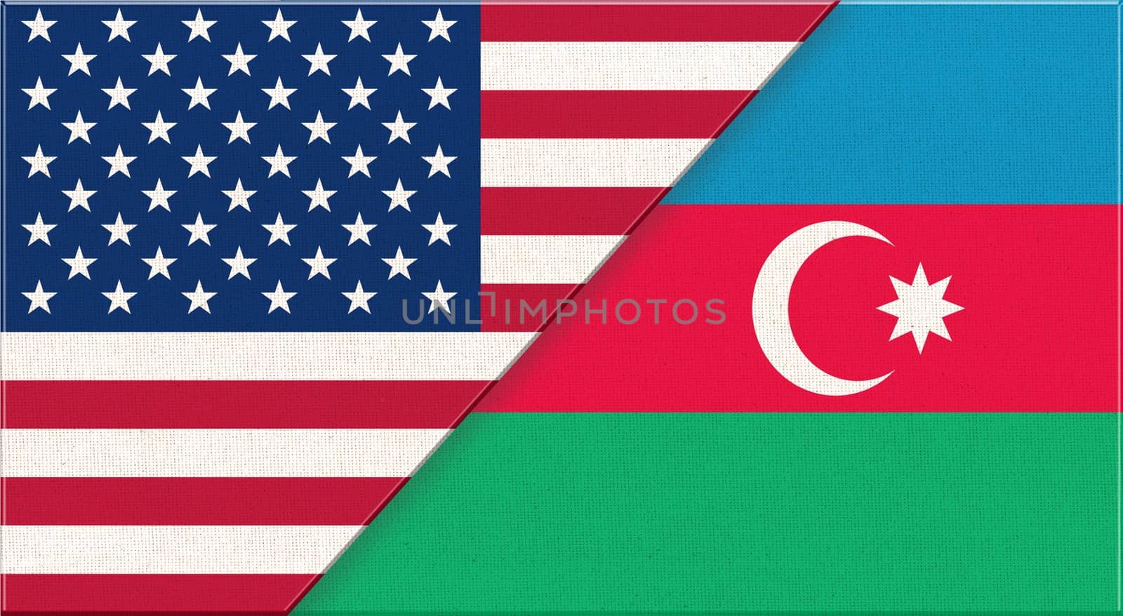 Flags of USA and Azerbaijan. American and Azerbaijani national flags on fabric surface. USA and Azerbaijani relations. Flag of USA and Azerbaijan - 3D illustration. Two Flag Together - Fabric Texture