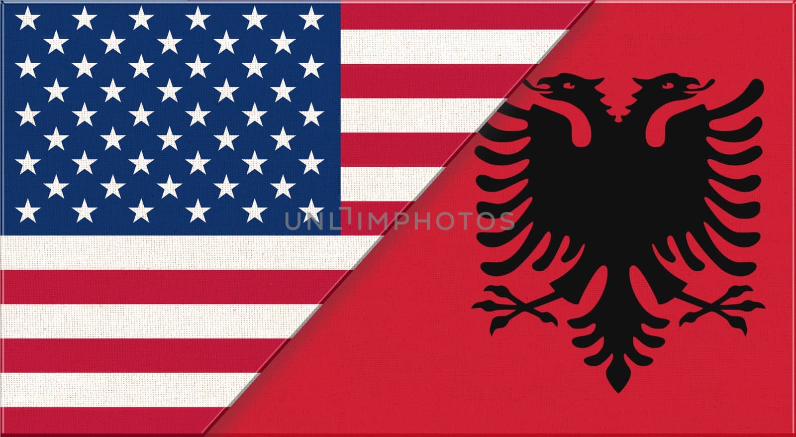 Flags of USA and Albania. American and Albanian national flags on fabric surface. USA and Albanian relations. Flag of USA and Albanian - 3D illustration. Two Flag Together - Fabric Texture