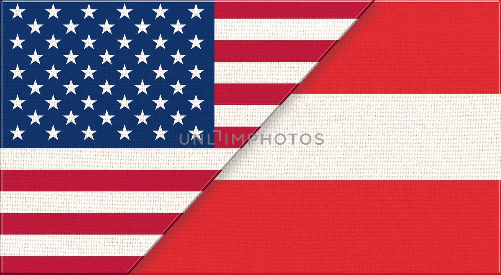 Flags of USA and Austria. American and Austrian national flags on fabric surface. USA and Azerbaijani relations. Flag of USA and Austrian - 3D illustration. Two Flag Together - Fabric Texture