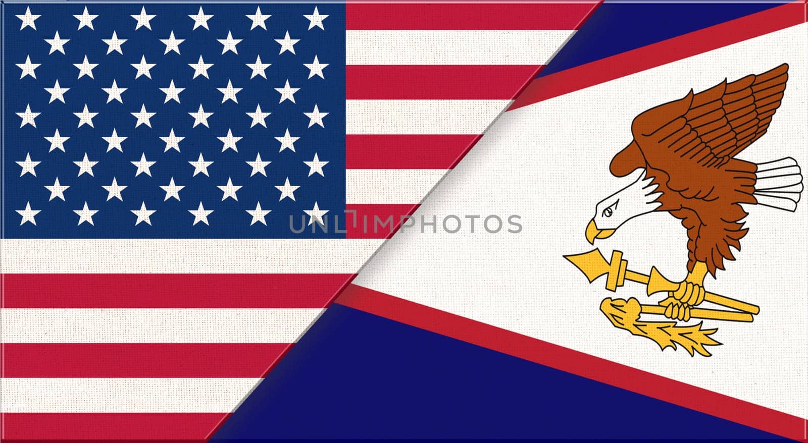 Flags of USA and American Samoa. American and American Samoa national flags on fabric surface. Flag of USA and American Samoa - 3D illustration. Two Flag Together - Fabric Texture