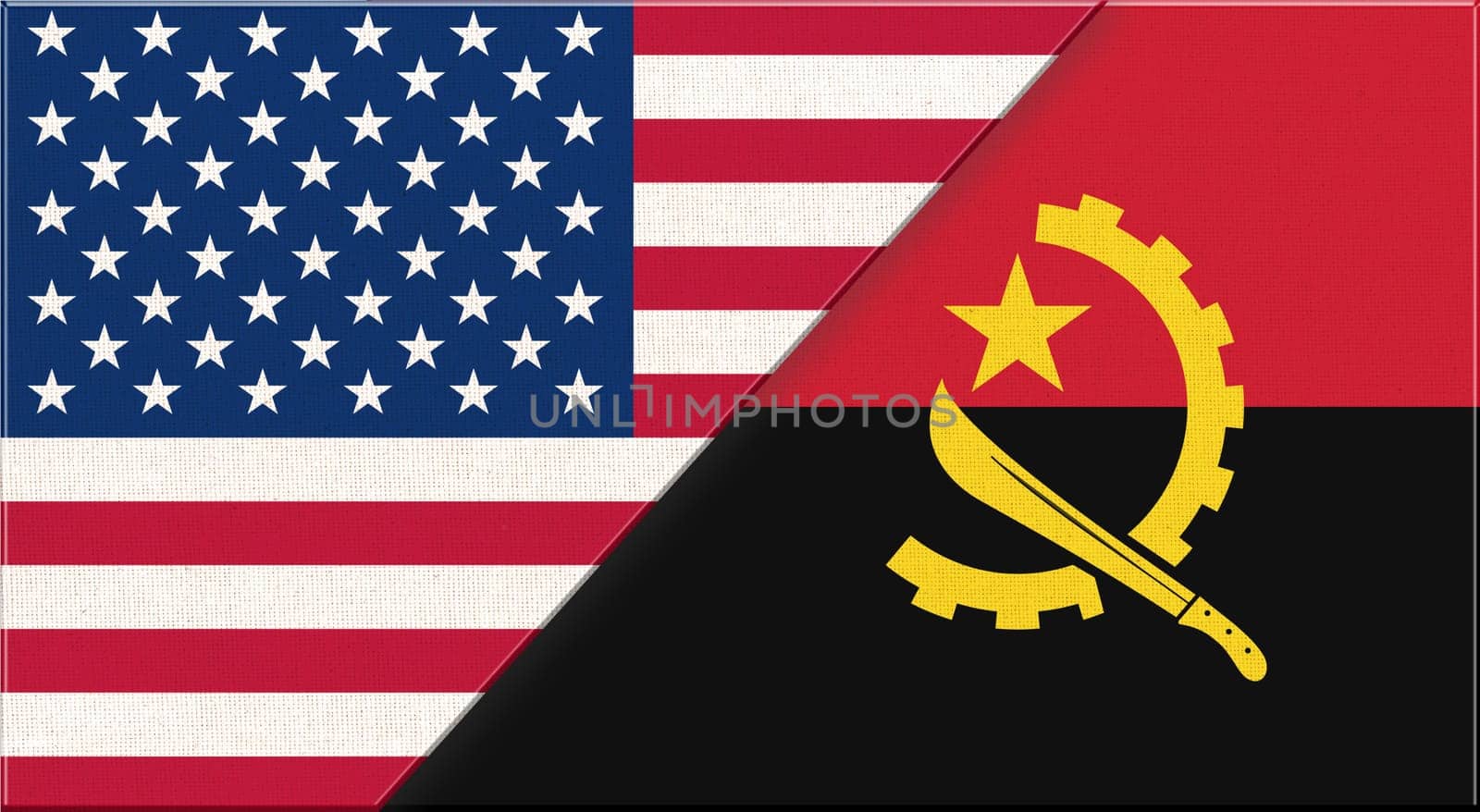 Flags of Ukraine and Angola. Illustration of national symbols Ukraine and Angola. Ukrainian and Angolan relations. diplomatic relations between two countries