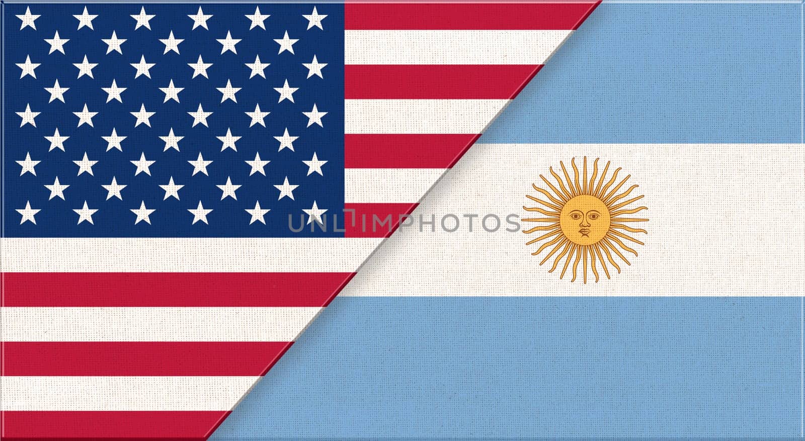 Flags of USA and Argentina. American and Argentine national flags on fabric surface. Flag of USA and Argentine - 3D illustration. Two Flag Together - Fabric Texture