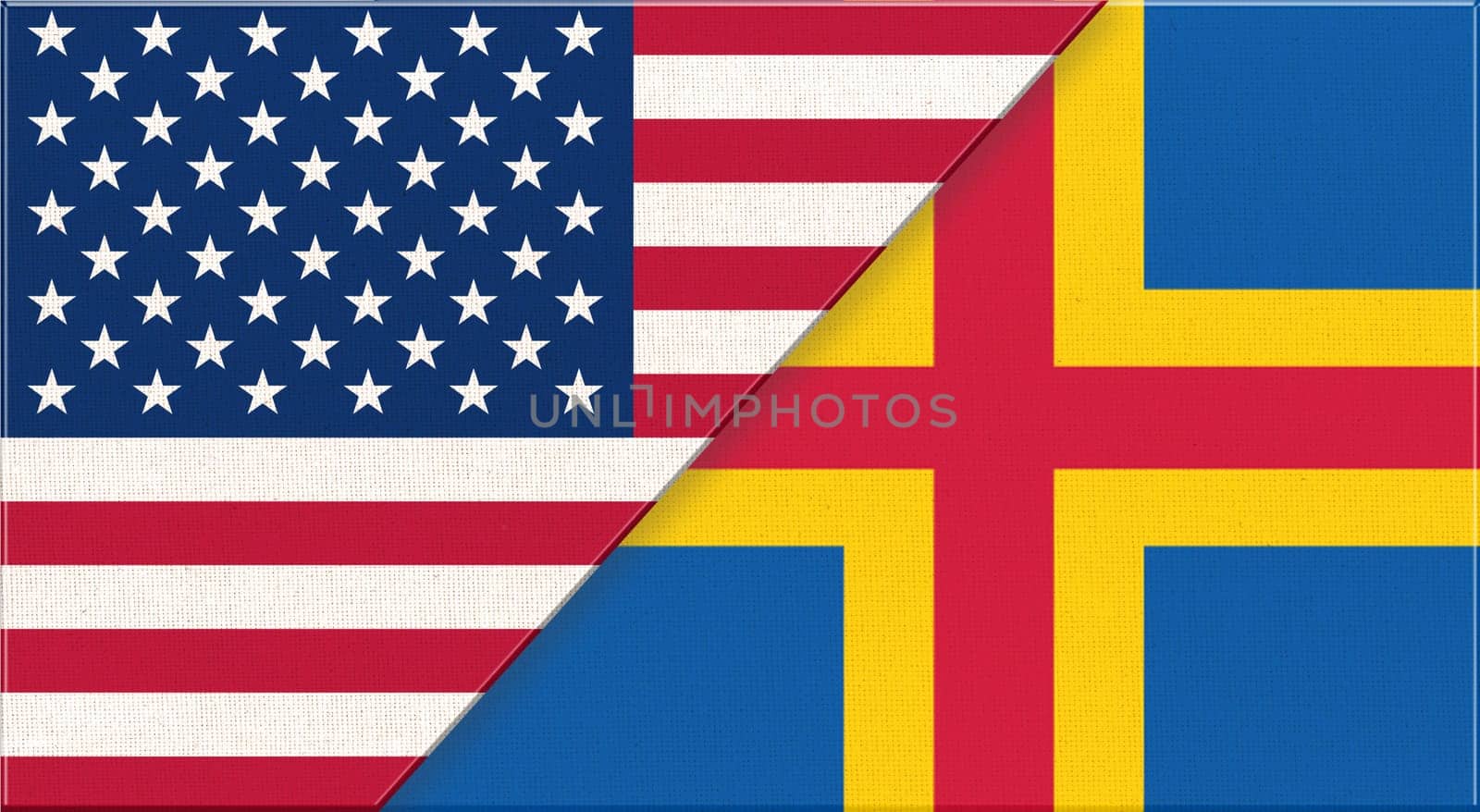 Flags of USA and Aland Islands. American and Aland Islands national flags on fabric surface. Flag of USA and Aland Islands- 3D illustration. Two Flag Together - Fabric Texture