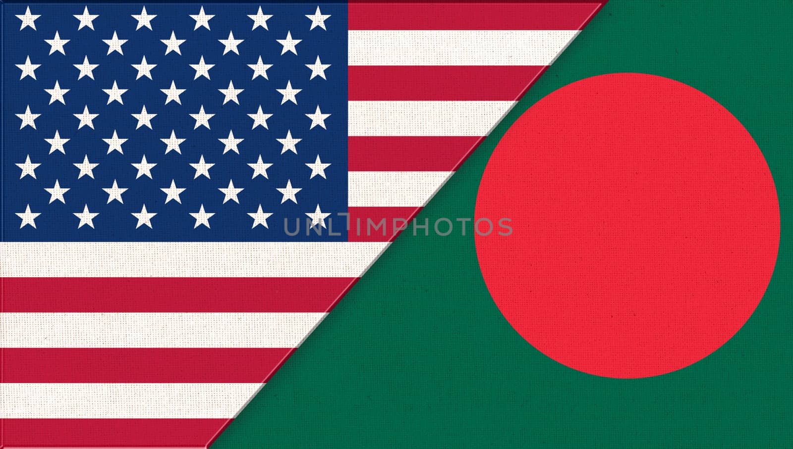 Flags of USA and Bangladesh. American and Bengalis national flags on fabric surface. Flag of USA and Bangladesh - 3D illustration. Two Flag Together - Fabric Texture