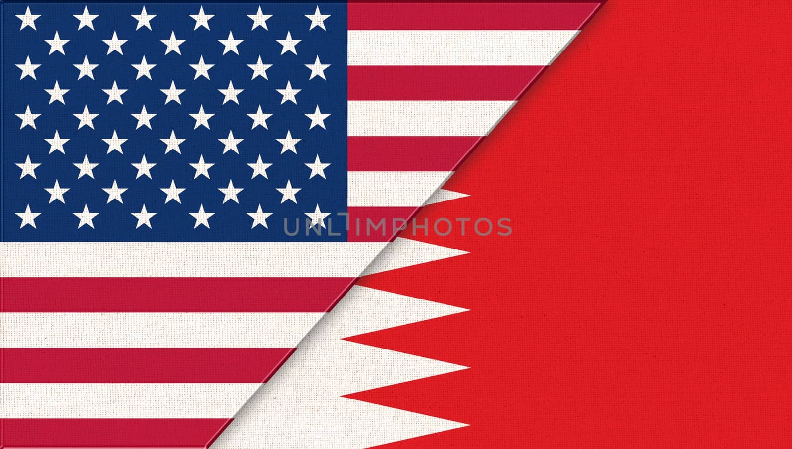 Flags of USA and Bahrain. American and Bahrain national flags on fabric surface. Flag of USA and Bahrain - 3D illustration. United States and Bahrainian national flags. Two Flag Together