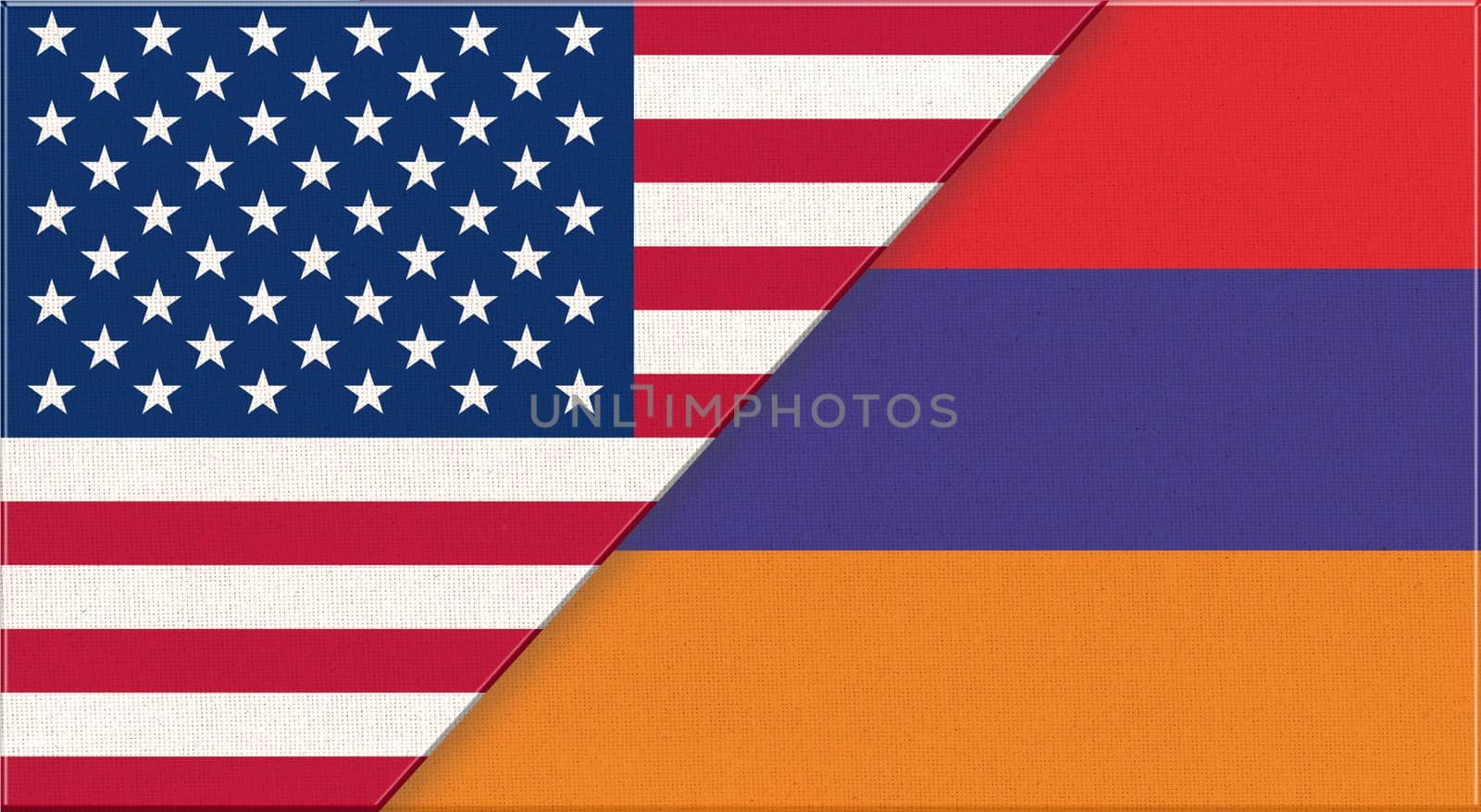 Flags of USA and Armenia. American and Azerbaijani national flags on fabric surface. USA and Azerbaijani relations. Flag of USA and Azerbaijan - 3D illustration. Two Flag Together - Fabric Texture