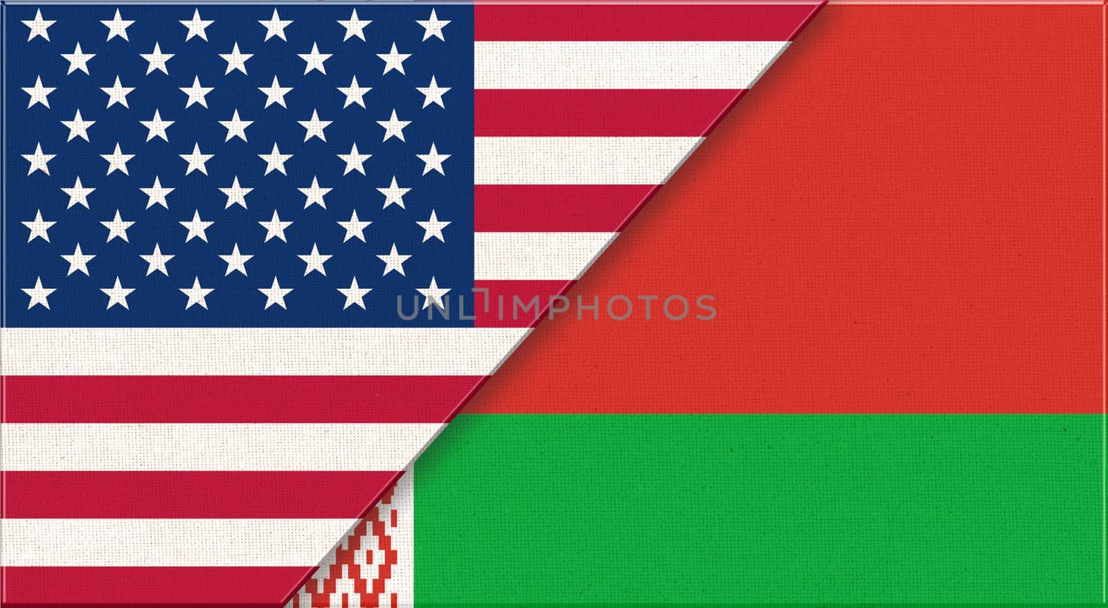 Flags of USA and Belarus. American and Belorussian national flags on fabric surface. USA and Belorussian relations. Flag of USA and Belorussian - 3D illustration. Two Flag Together - Fabric Texture