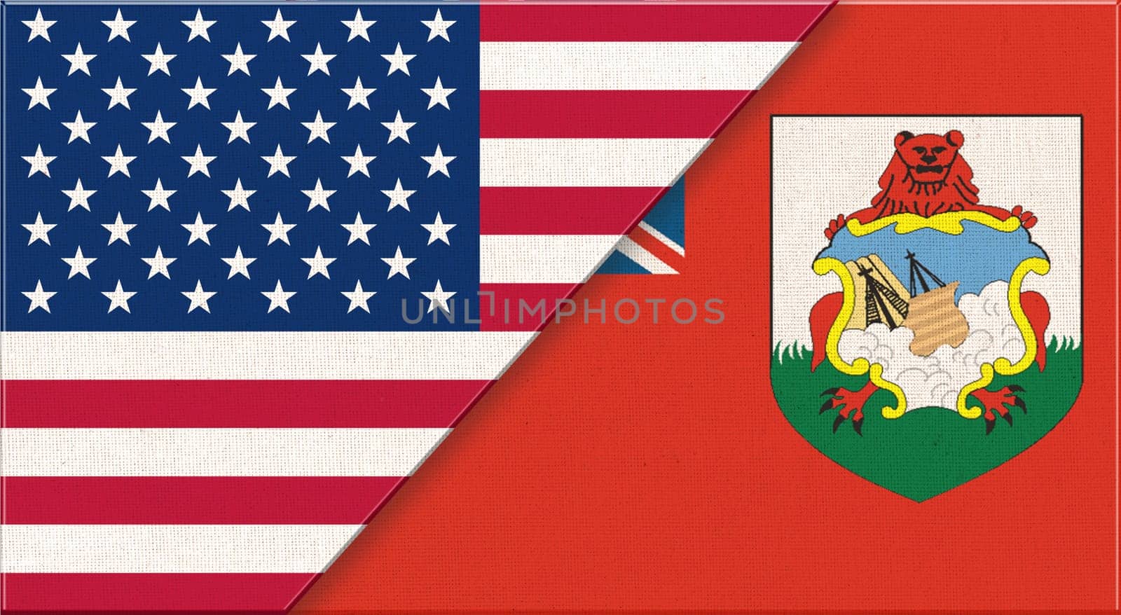 National Flags of USA and Bermuda - 3D illustration. Two Flag Together - Fabric Texture. Flags of USA and Bermudas. American and Bermudas national flags on fabric surface.