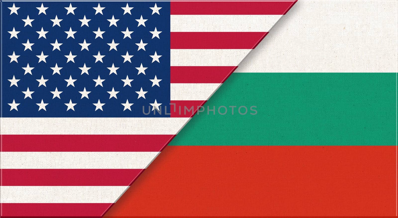 Flags of USA and Bulgaria. American and Bulgarian national flags on fabric surface. USA and Bulgaria relations. Flag of USA and Bulgarian - 3D illustration. Two Flag Together - Fabric Texture