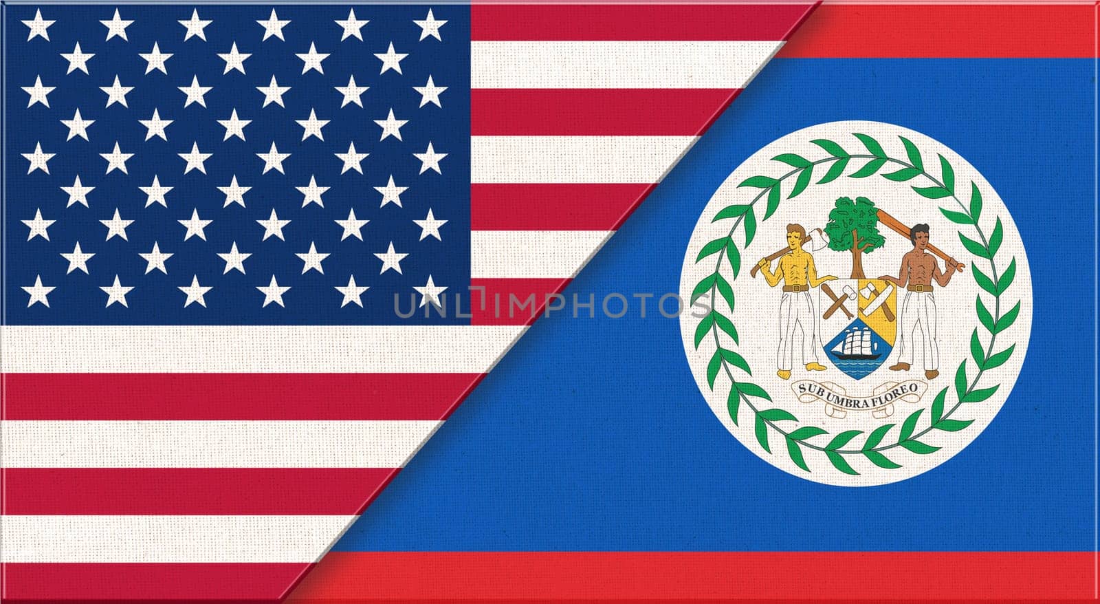 Flags of USA and Belize. American and Belize national flags on fabric surface. Flag of USA and Belize - 3D illustration. Two Flag Together - Fabric Texture. Political relations