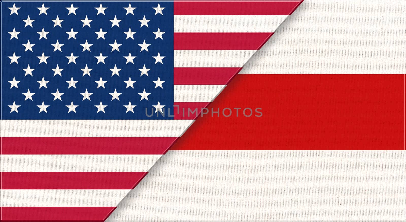 Flags of USA and Belarus. American and Belorussian historical flags on fabric surface. USA and Belorussian relations. Flag of USA and Belorussian - 3D illustration. Two Flag Together - Fabric Texture