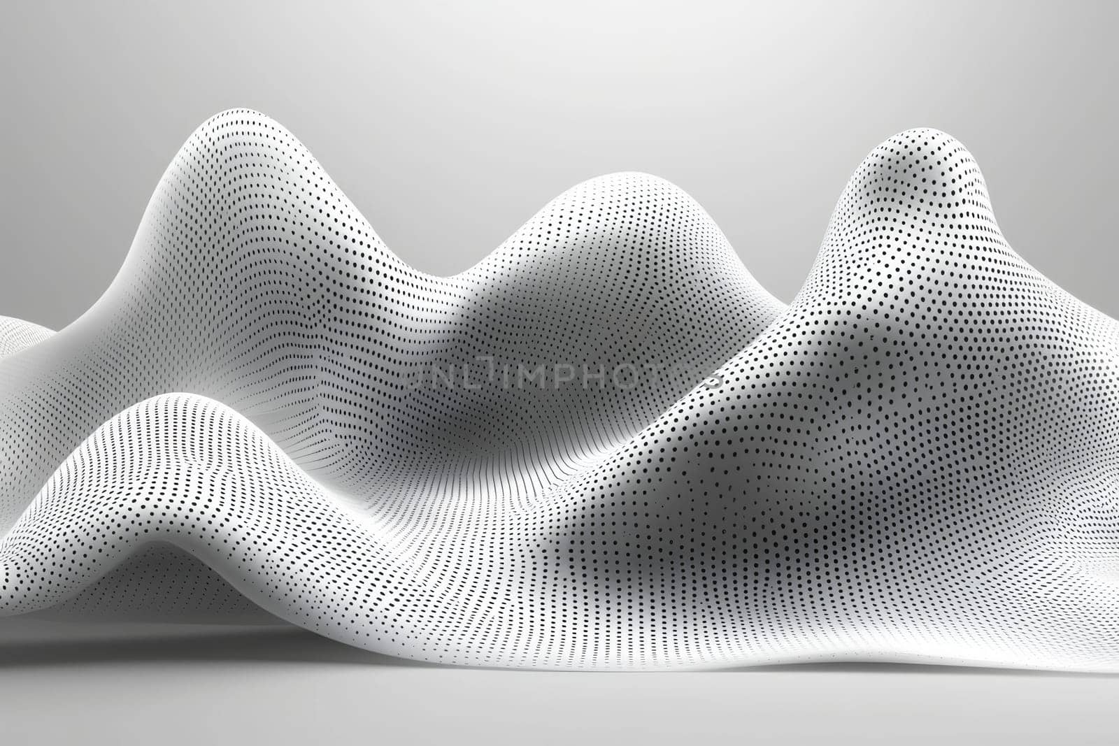 A textured white landscape undulates with dotted patterns, creating an illusion of depth and movement in a minimalist context.