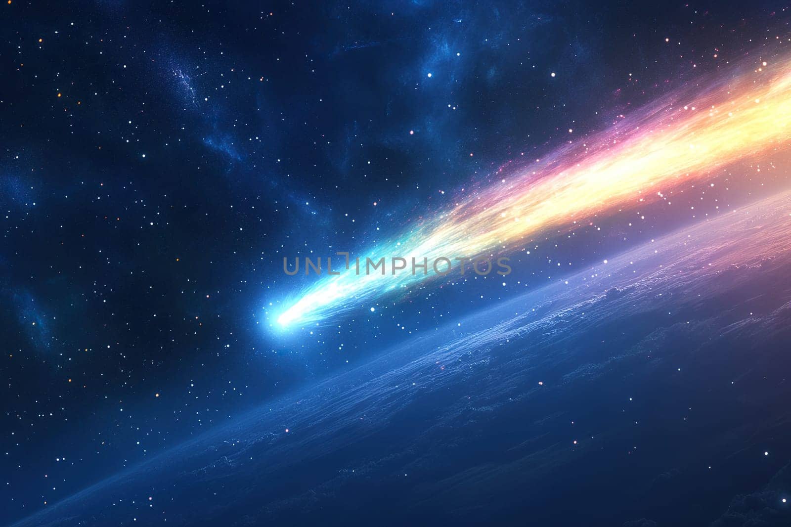 Bright comet with rainbow shell flies past earth, view from space